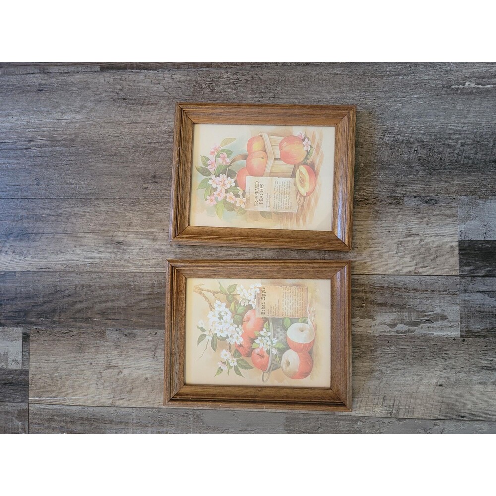 Pair Of Vintage Gail Monroe Wooden Framed Art Preserved Peaches and Baked Apples